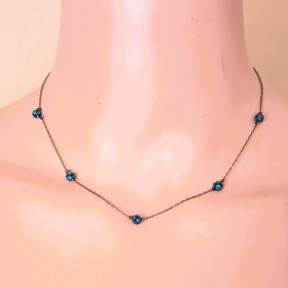 1928 Blue Cluster Bead Station Necklace 16" Dainty Choker Vintage Look - Picture 1 of 8
